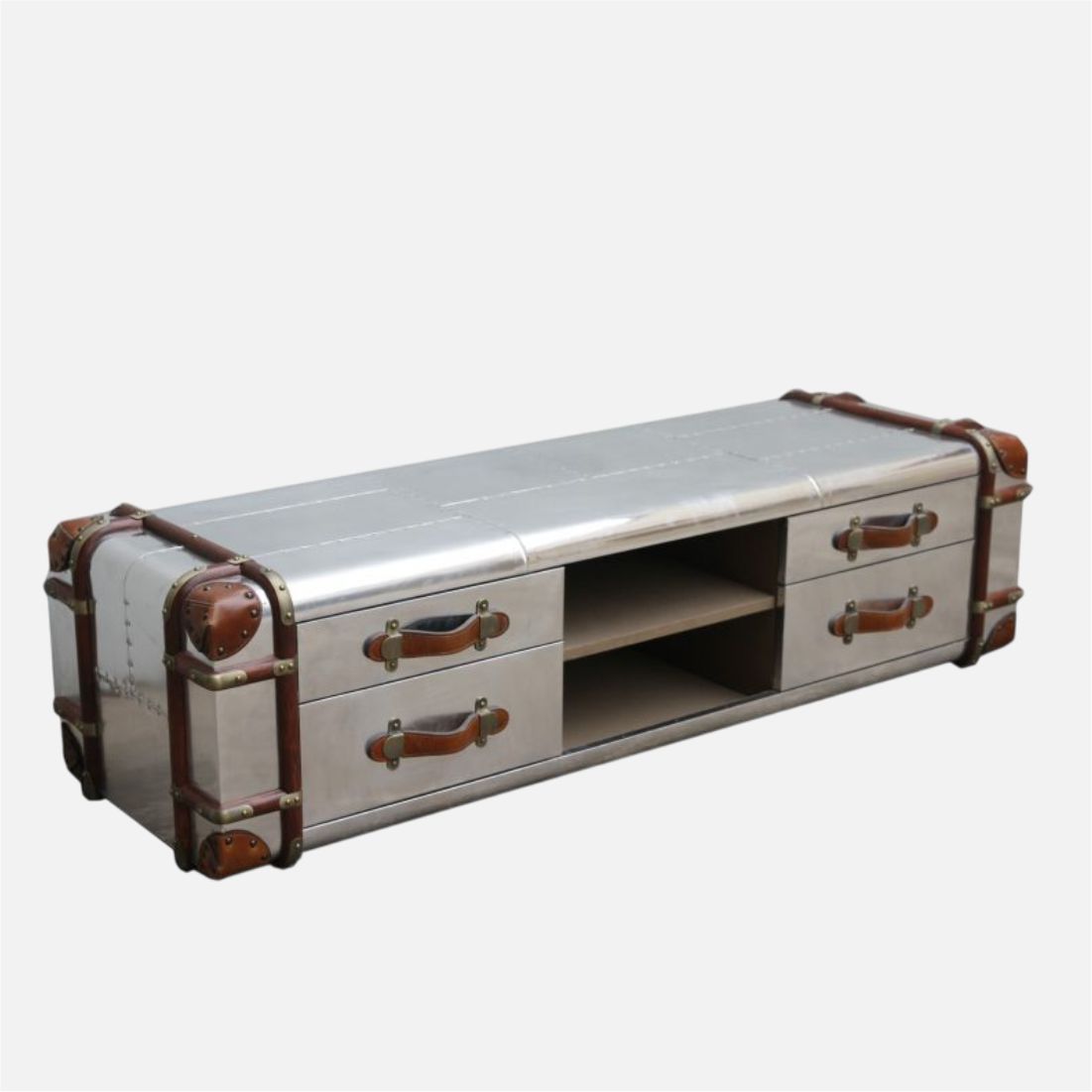 Aviator Trunk-Style TV Unit with Leather Trim